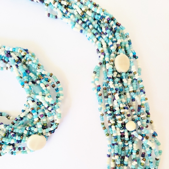 NEW! Turquoise Blue MultiStrand Glass Seed Bead Necklace & Bracelet Set - Picture 2 of 5